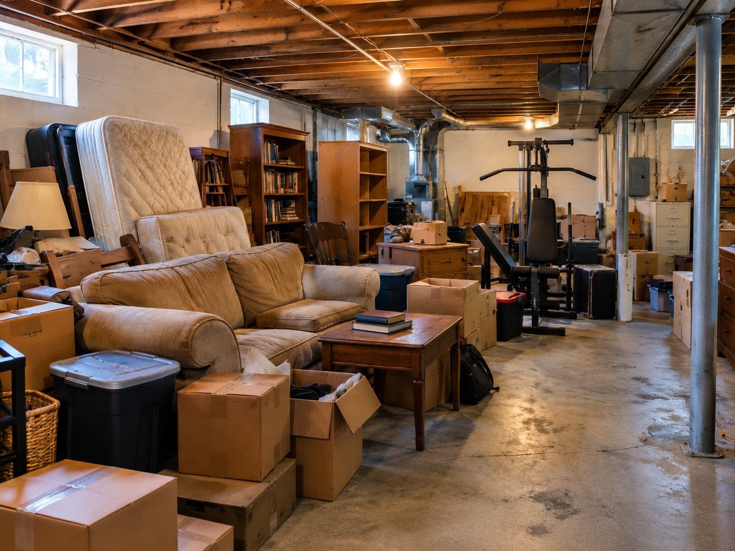 Cluttered basement before a one-day cleanout
