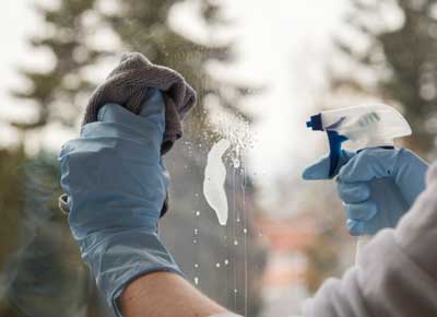 person rubber gloves spraying cleaning glass window optimized